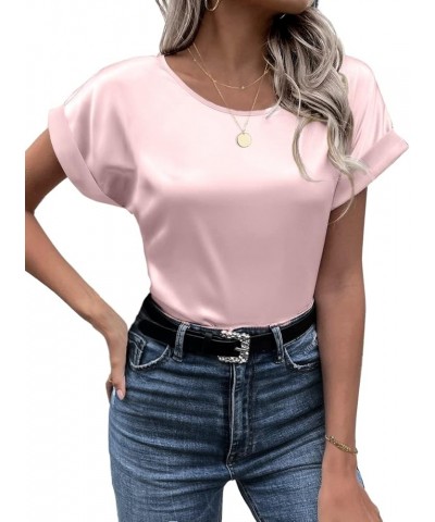 Women's Short Sleeve Pullover Blouses Satin Silk Shirts Casual Loose Elegant Work Tunic Tops A03-misty Rose $15.38 Tops