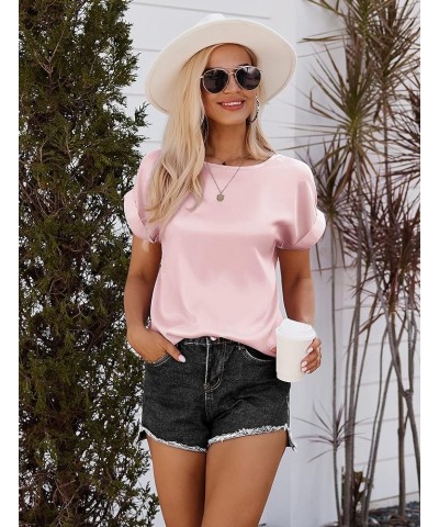 Women's Short Sleeve Pullover Blouses Satin Silk Shirts Casual Loose Elegant Work Tunic Tops A03-misty Rose $15.38 Tops