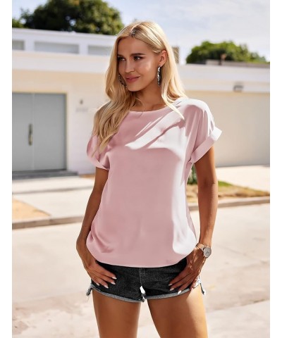 Women's Short Sleeve Pullover Blouses Satin Silk Shirts Casual Loose Elegant Work Tunic Tops A03-misty Rose $15.38 Tops