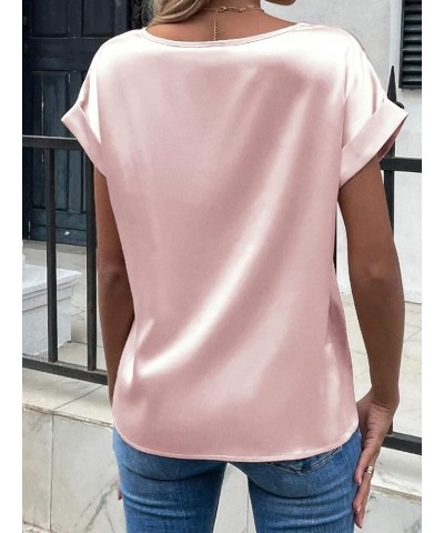 Women's Short Sleeve Pullover Blouses Satin Silk Shirts Casual Loose Elegant Work Tunic Tops A03-misty Rose $15.38 Tops