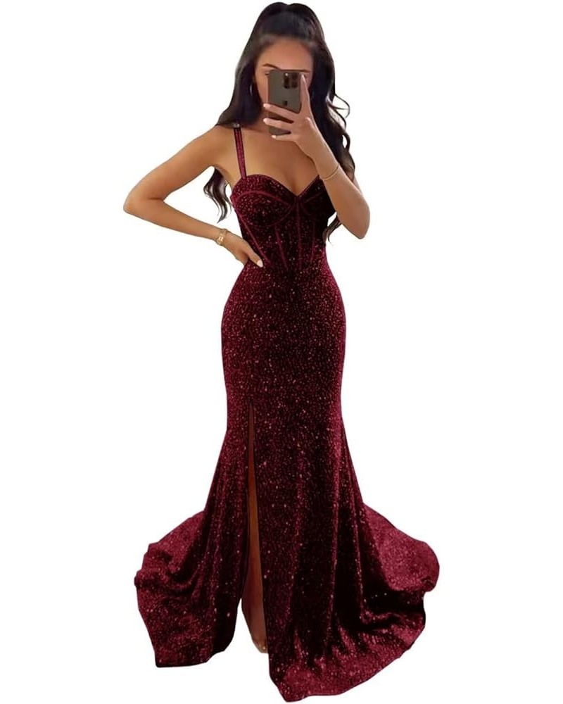 Mermaid Sequin Prom Dresses 2024 Long with Slit Sparkly Spaghetti Straps Corset Formal Evening Party Gowns Burgundy $31.50 Dr...