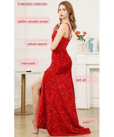 Mermaid Sequin Prom Dresses 2024 Long with Slit Sparkly Spaghetti Straps Corset Formal Evening Party Gowns Burgundy $31.50 Dr...