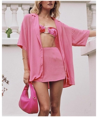 Women Graphic 2 Piece Skirt Sets Short Sleeve Button Down Shirt Bodycon Mini Skirt Outfit Summer Beach Wear B-pink $13.19 Suits