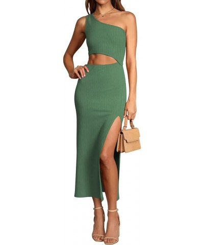 Women's One Shoulder Sleeveless Cutout Side Slit Bodycon Maxi Long Dress Green $16.74 Dresses