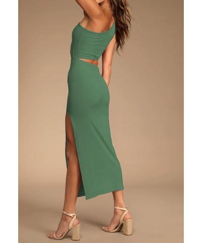 Women's One Shoulder Sleeveless Cutout Side Slit Bodycon Maxi Long Dress Green $16.74 Dresses