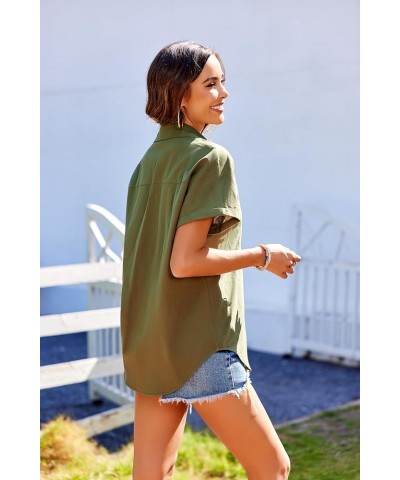 Linen Cotton Womens Short Sleeve Shirts V Neck Collared Button Down Blouse Tops with Chest Pocket Army Green $14.10 Blouses