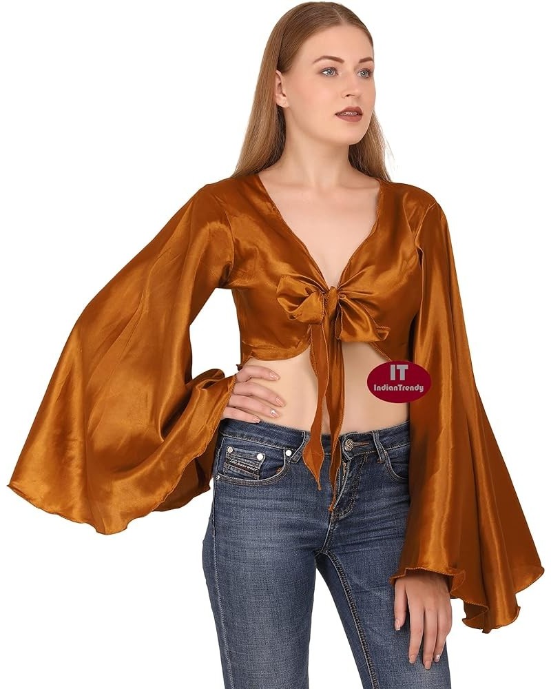 Women's Satin Flair Wrap Tie Top Choli Blouse Belly Dance Gypsy Golden $13.19 Blouses