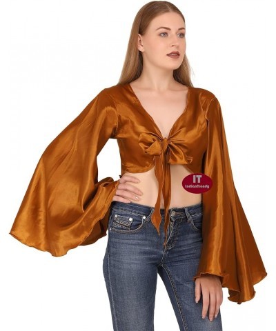 Women's Satin Flair Wrap Tie Top Choli Blouse Belly Dance Gypsy Golden $13.19 Blouses