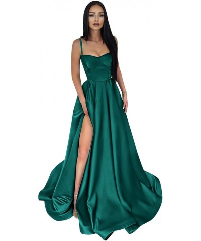 Spaghetti Straps Prom Dresses Long for Women A-Line Satin Formal Ball Gown with Slit Teal $26.65 Dresses