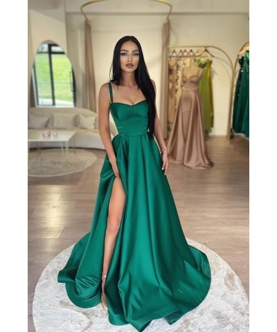 Spaghetti Straps Prom Dresses Long for Women A-Line Satin Formal Ball Gown with Slit Teal $26.65 Dresses