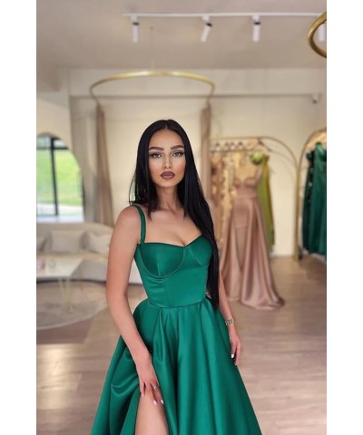 Spaghetti Straps Prom Dresses Long for Women A-Line Satin Formal Ball Gown with Slit Teal $26.65 Dresses