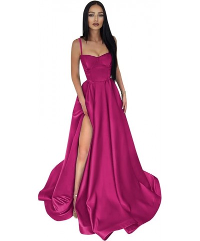 Spaghetti Straps Prom Dresses Long for Women A-Line Satin Formal Ball Gown with Slit Teal $26.65 Dresses