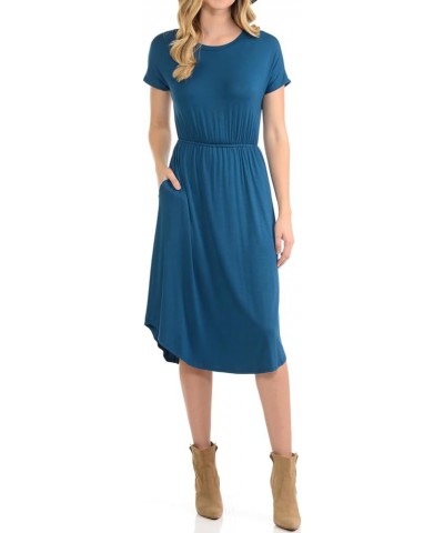 Women's Summer Short Sleeve Flare Midi Dress with Pockets in Solid and Floral Teal $11.19 Dresses