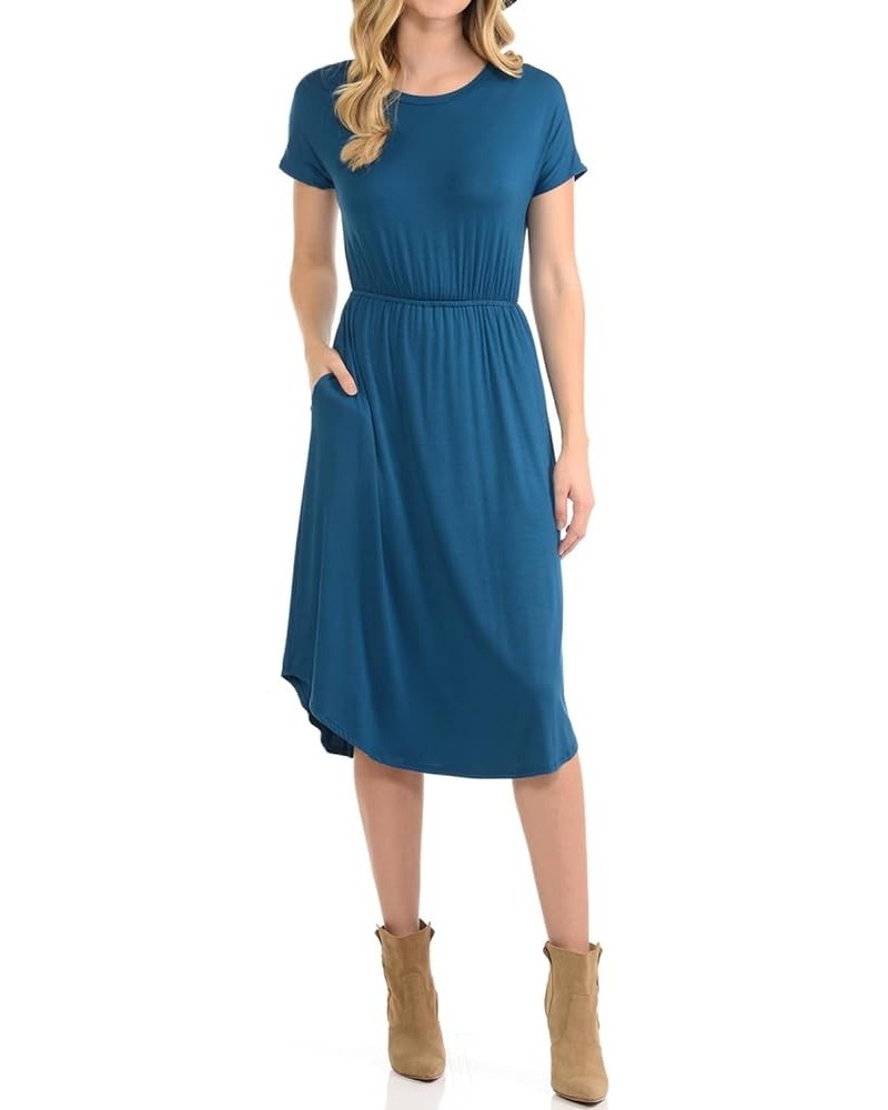 Women's Summer Short Sleeve Flare Midi Dress with Pockets in Solid and Floral Teal $11.19 Dresses