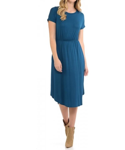 Women's Summer Short Sleeve Flare Midi Dress with Pockets in Solid and Floral Teal $11.19 Dresses