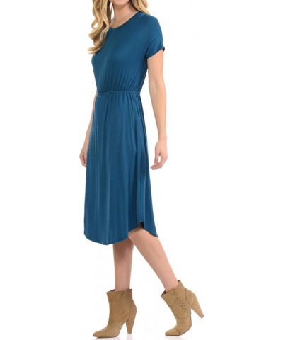 Women's Summer Short Sleeve Flare Midi Dress with Pockets in Solid and Floral Teal $11.19 Dresses