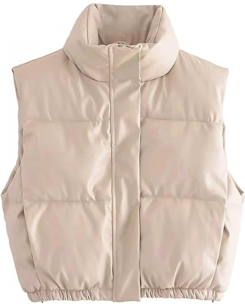 Womens Faux Leather Puffer Vest PU Leather Padded Cropped Vest Sleeveless Stand Collar Gilet Puffy Crop Jacket Coat Beige $21...