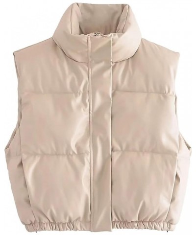 Womens Faux Leather Puffer Vest PU Leather Padded Cropped Vest Sleeveless Stand Collar Gilet Puffy Crop Jacket Coat Beige $21...