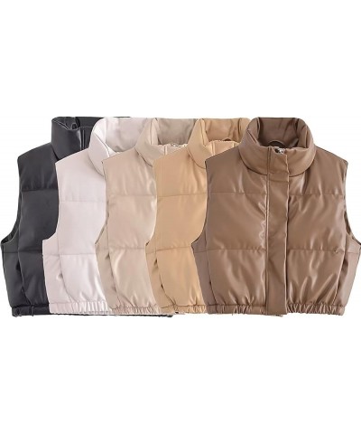 Womens Faux Leather Puffer Vest PU Leather Padded Cropped Vest Sleeveless Stand Collar Gilet Puffy Crop Jacket Coat Beige $21...