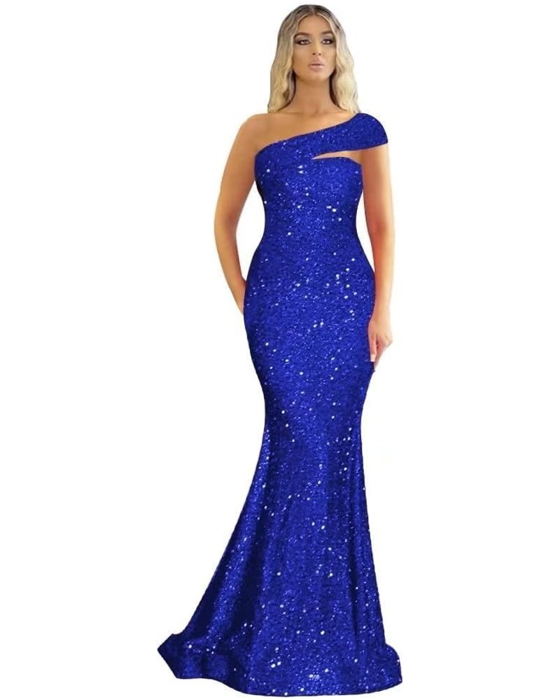 Formal One Shoulder Sequin Prom Dresses Long Mermaid Bodycon Bridesmaid Dress for Women Wedding Evening Gowns 2024 Royal Blue...