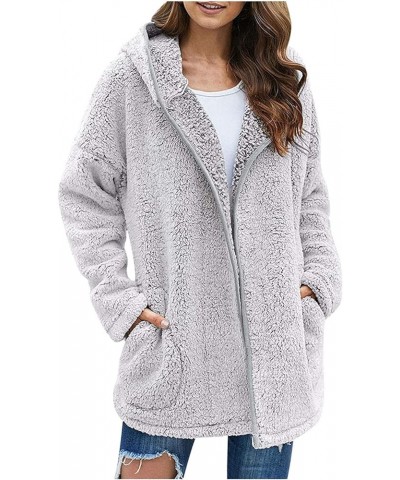 Womens Oversized Zip Up Sherpa Jacket Hooded Fuzzy Fleece Coat Winter Warm Fur Jacket Teddy Coat Outerwear Gray $8.55 Jackets