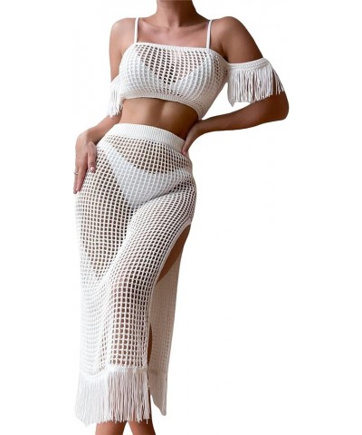 Women's Fringe Hollow Out Beach Cover Up Sets Swimsuit Crop Top and Skirt White $18.89 Swimsuits