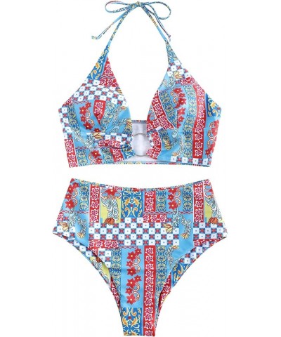 Womens O Ring Halter Swimsuits High Cut Bikini Sets Tribal 2 Piece Bathing Suit 0-boho-blue $13.49 Swimsuits