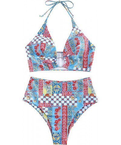 Womens O Ring Halter Swimsuits High Cut Bikini Sets Tribal 2 Piece Bathing Suit 0-boho-blue $13.49 Swimsuits