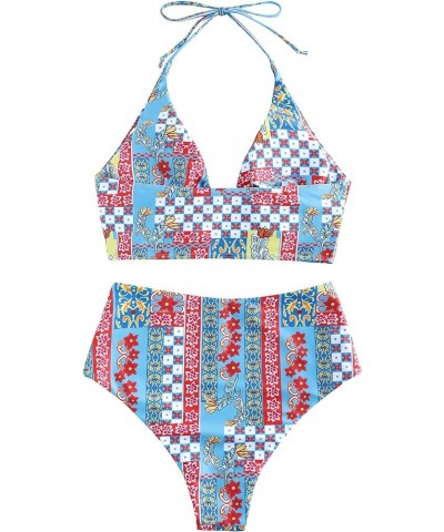 Womens O Ring Halter Swimsuits High Cut Bikini Sets Tribal 2 Piece Bathing Suit 0-boho-blue $13.49 Swimsuits