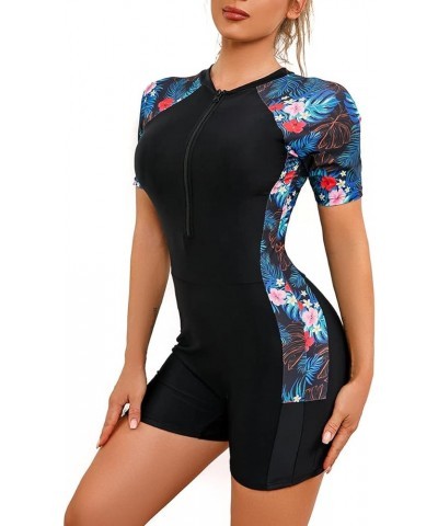 Women's One Piece Rash Guard Swimsuit UV Protection Floral Printed Surfing Zipper Swimwear Bathing Suit Beachwear Blue Leaves...