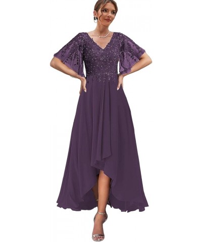 High Low Mother of The Bride Dresses for Wedding Tea Length Formal Dress Lace Evening Gown with Sleeves Plum $29.90 Dresses