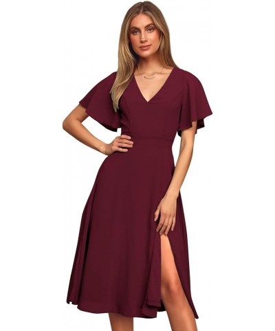 Women's Short Sleeve Bridesmaid Dresses with Slit V Neck Chiffon Short Formal Evening Gowns Burgundy $20.70 Dresses