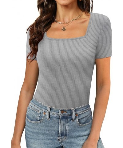 Womens Short Sleeve Square Neck Tops 2024 Spring Summer Slim Fit Tees Shirts A Short Sleeve Ribbed Grey $8.99 T-Shirts