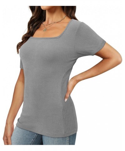 Womens Short Sleeve Square Neck Tops 2024 Spring Summer Slim Fit Tees Shirts A Short Sleeve Ribbed Grey $8.99 T-Shirts