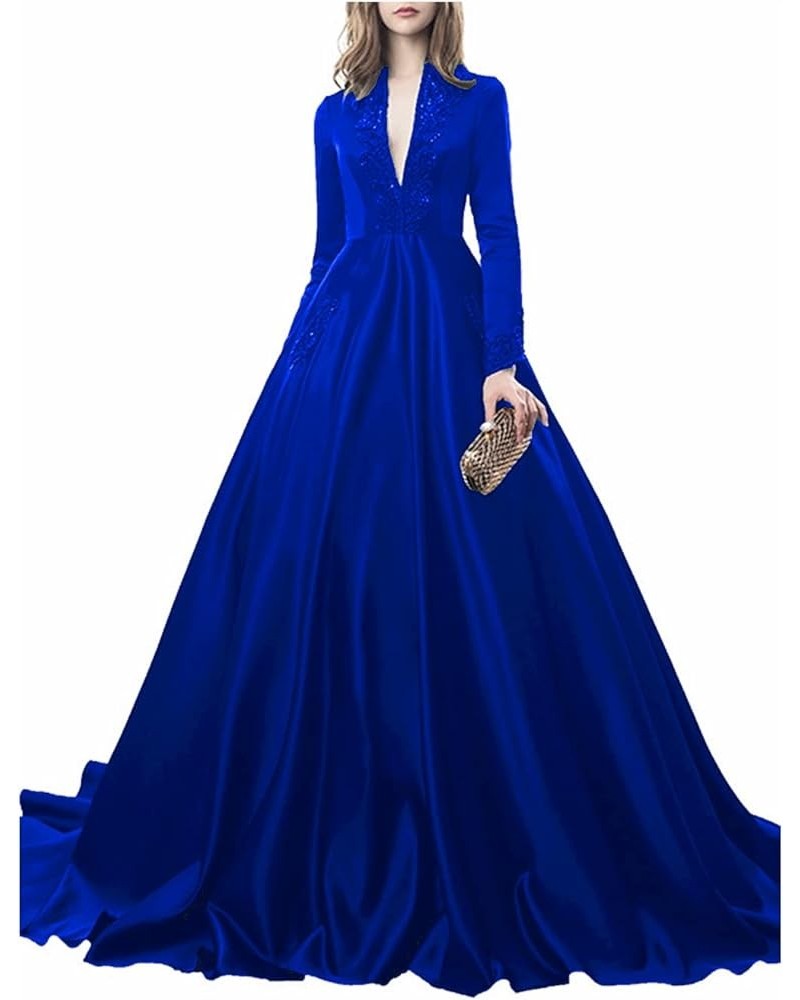 Long Sleeves Sexy Deep V Neck Beaded Lace Train Dresses Formal Evening Gowns Party Dresses with Pockets Royalblue $48.75 Dresses