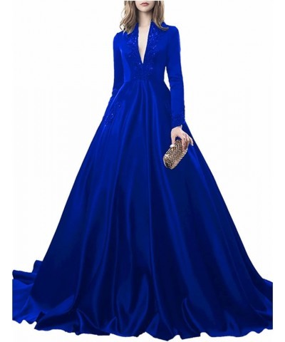 Long Sleeves Sexy Deep V Neck Beaded Lace Train Dresses Formal Evening Gowns Party Dresses with Pockets Royalblue $48.75 Dresses