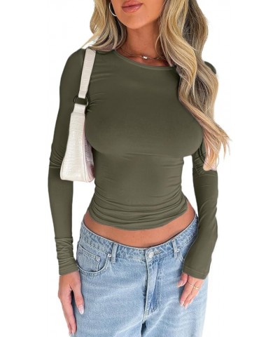 Women Long Sleeve Fitted Tight Shirt Fall Going Out Basic Crop Tops Y2k Slim Fit Tee Crew Neck Skinny T-Shirt Dark Green $6.8...