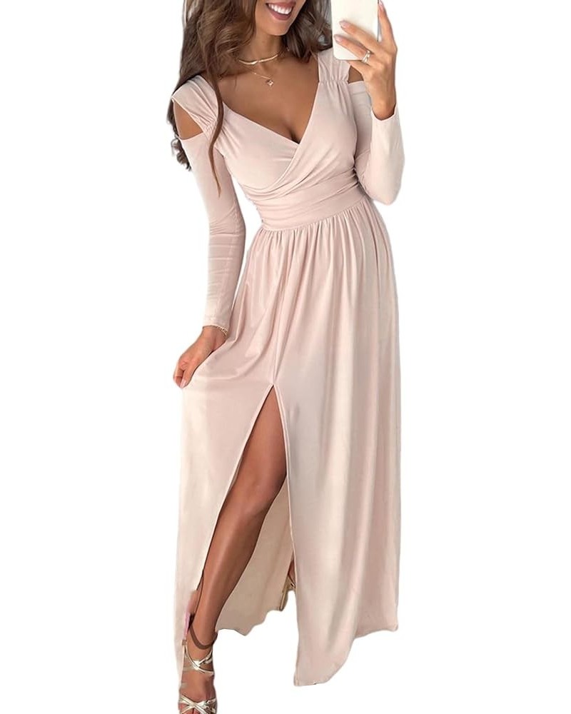 Women's V Neck Cut Out Wrap Pleated Maxi Dress Long Sleeve Solid Split High Waisted Swing Dresses Pink $13.56 Dresses