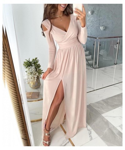 Women's V Neck Cut Out Wrap Pleated Maxi Dress Long Sleeve Solid Split High Waisted Swing Dresses Pink $13.56 Dresses