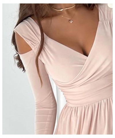 Women's V Neck Cut Out Wrap Pleated Maxi Dress Long Sleeve Solid Split High Waisted Swing Dresses Pink $13.56 Dresses