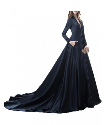 Long Sleeves Sexy Deep V Neck Beaded Lace Train Dresses Formal Evening Gowns Party Dresses with Pockets Royalblue $48.75 Dresses