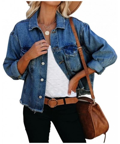 Women's Jean Denim Jacket Classic Trucker Shacket Button Up Frayed Cropped Loose Coats 0922-dark Blue $19.60 Jackets