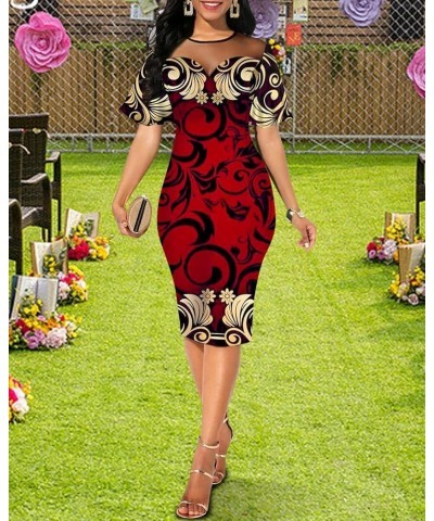 Sexy Short Sleeve Bodycon Dress for Women Floral Printed Mesh Slim Fit Prom Party Midi Dresses 0310red $21.82 Dresses