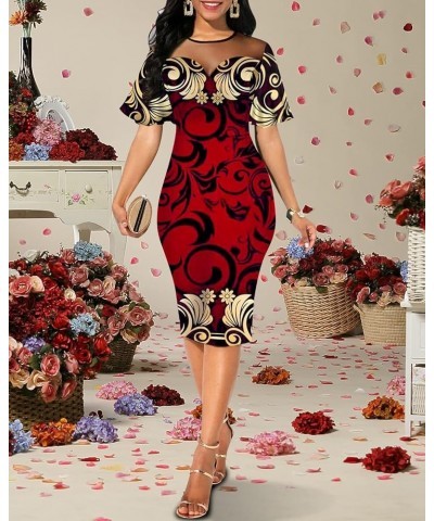 Sexy Short Sleeve Bodycon Dress for Women Floral Printed Mesh Slim Fit Prom Party Midi Dresses 0310red $21.82 Dresses