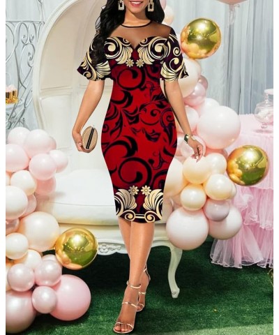 Sexy Short Sleeve Bodycon Dress for Women Floral Printed Mesh Slim Fit Prom Party Midi Dresses 0310red $21.82 Dresses