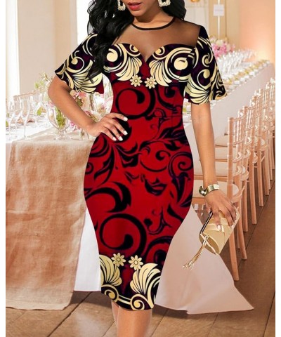 Sexy Short Sleeve Bodycon Dress for Women Floral Printed Mesh Slim Fit Prom Party Midi Dresses 0310red $21.82 Dresses