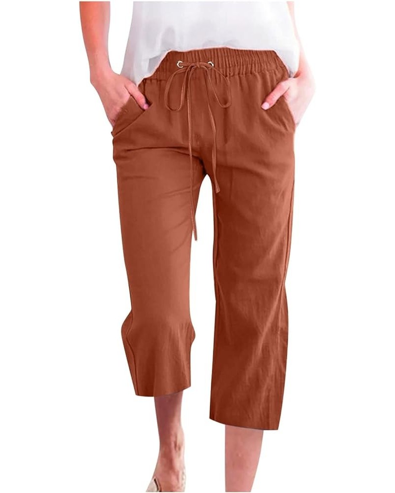 Linen Pants Women Petite, Womens Summer Plus Size Wide Leg Capri Pants Casual Elastic with Pockets Loose Pants Z2-coffe $10.7...