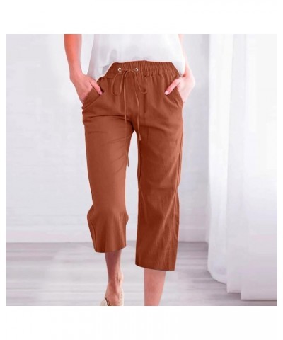 Linen Pants Women Petite, Womens Summer Plus Size Wide Leg Capri Pants Casual Elastic with Pockets Loose Pants Z2-coffe $10.7...