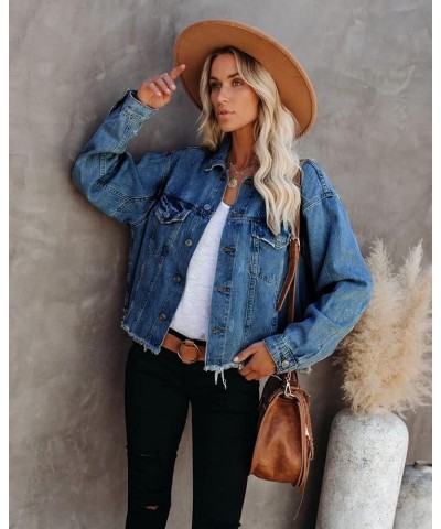 Women's Jean Denim Jacket Classic Trucker Shacket Button Up Frayed Cropped Loose Coats 0922-dark Blue $19.60 Jackets