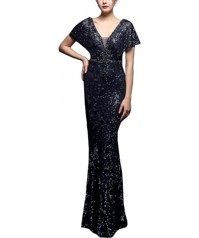 Women's Short Sleeve Sequin Mermaid Evening Dress Double V Elegant Long Gown Blue $40.59 Dresses